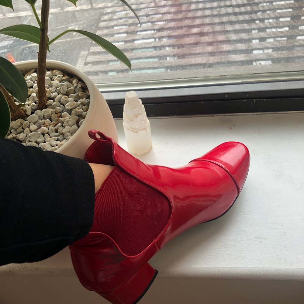 Red patent rain boots